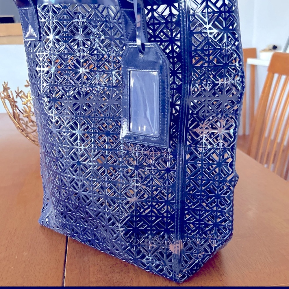 Tory Burch Fragrance NWT Navy Lattice Laser Cut 100% PVC Tote 14"X11"X4"